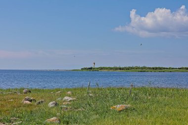 Küçük bir gün feneri ya da küçük bir deniz fenerinin yer aldığı kıyı baltık manzarası. Yaz mevsiminde vahase saar adasında, gökyüzünde bulutlar, Abruka, Saaremaa, Estonya.