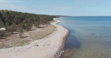 Doğal Hirmuste Sahili 'nin havadan görünüşü, güneşli bahar havasında güzel bir çam ormanı olan Hiiumaa, Estonya' da sığ, kumlu bir plaj ve kayalık bölgelerin karışımını içerir..