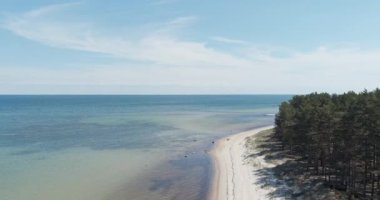 Güneşli bahar havasında yoğun kozalaklı ağaçlarla çevrili uzun ve kumlu bir sahile sahip doğal bir sahil manzarası, Tahkuna, Hiiumaa, Estonya.