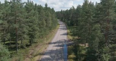 Yoğun bir çam ormanının içinden geçen iki şeritli hava yolu bulutlu yaz havasında, Harparskog, Hanko, Finlandiya.