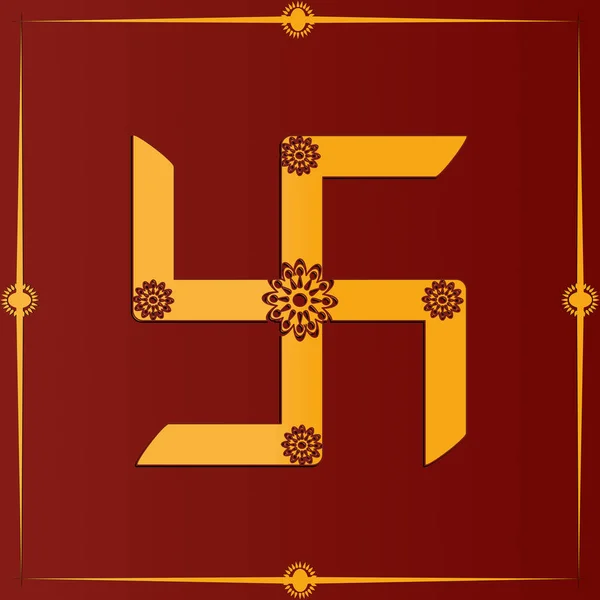 縁起の良い黄金のスワスティック 赤の背景にヒンドゥー教のシンボル — ストックベクタ