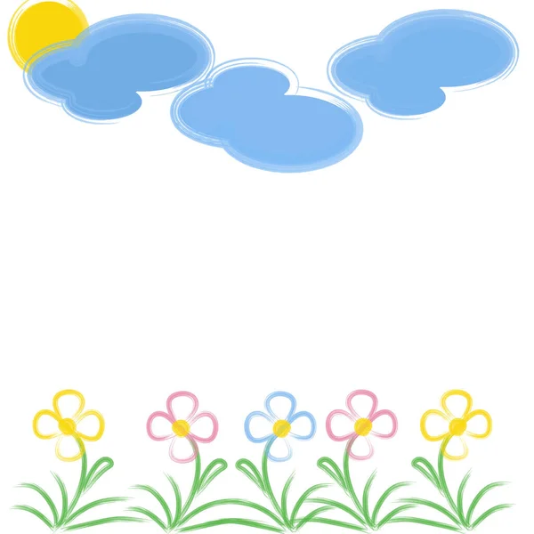 Painted Flowers Clouds Grass Landscape — Stock Vector