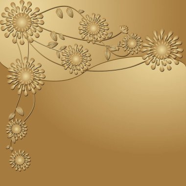 Altın ve bej soyut çiçek çizimleri altın arka planda.