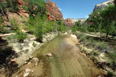 Utah 'taki Zion Ulusal Parkı' nda dağların arasından akan bakire nehir..
