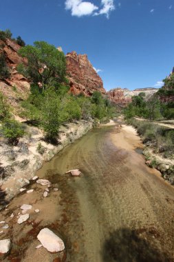 Utah 'taki Zion Ulusal Parkı' nda dağların arasından akan bakire nehir..