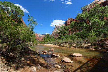 Utah 'taki Zion Ulusal Parkı' nda dağların arasından akan bakire nehir..