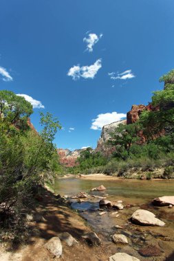 Utah 'taki Zion Ulusal Parkı' nda dağların arasından akan bakire nehir..