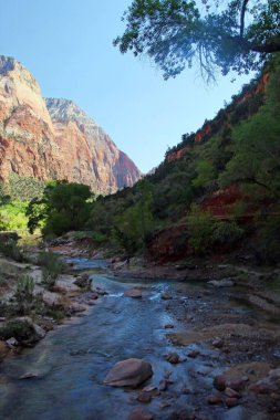 Utah 'taki Zion Ulusal Parkı' nda dağların arasından akan bakire nehir..