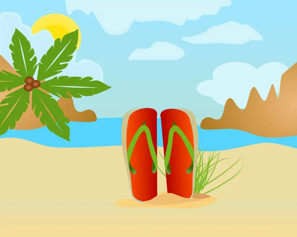 Pantoufle Sur Une Plage Avec Palmiers Mer Montagnes Vecteur Concept — Image vectorielle