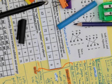 Okul malzemeleriyle matematik denklemleri olan bir yığın kağıt okul konseptine geri dönüyor..