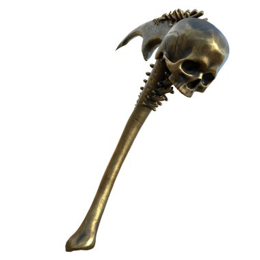 fantezi ritüeli orak, kafataslı silah, izole beyaz arka planda. 3d illüstrasyon