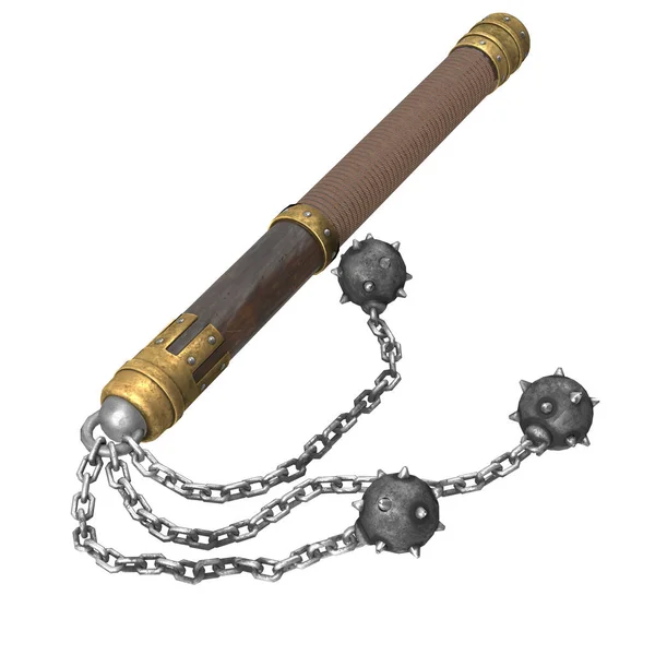 Flail on a stick with metal balls, on an isolated white background. 3d illustration — Stock Photo, Image