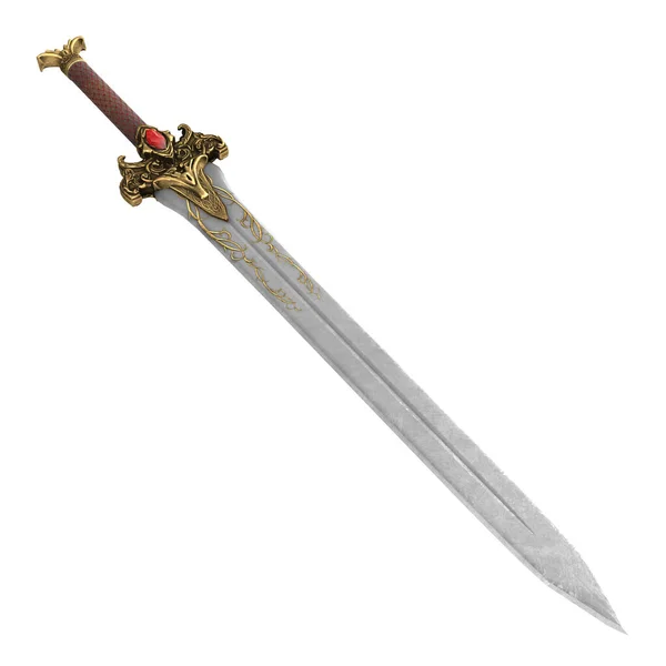 Fantasy złoty miecz z długim ostrzem na białym tle. Ilustracja 3D — Zdjęcie stockowe