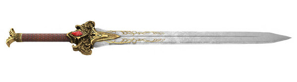 fantasy golden sword with long blade on isolated white background. 3d illustration