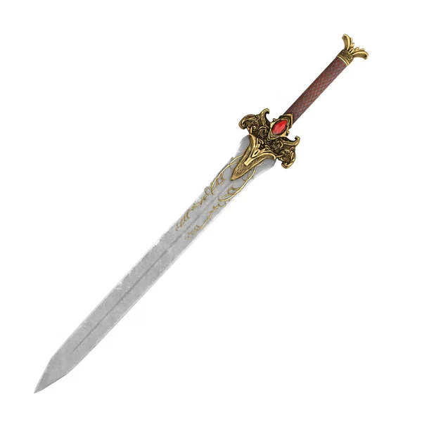 Épée dorée fantaisie avec longue lame sur fond blanc isolé. Illustration 3d — Photo
