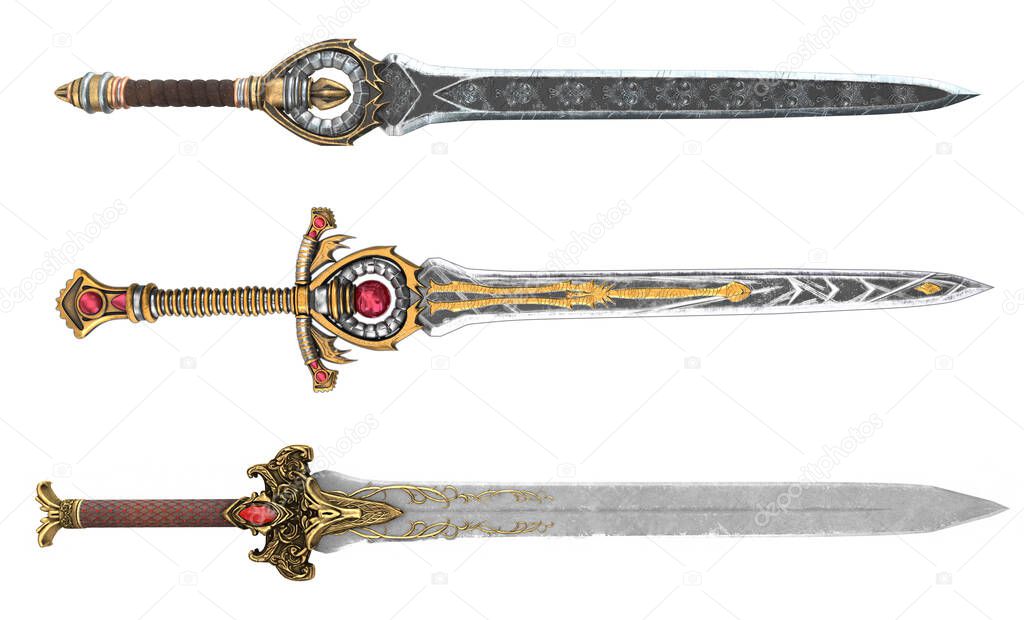 fantasy golden sword with long blade on isolated white background. 3d illustration