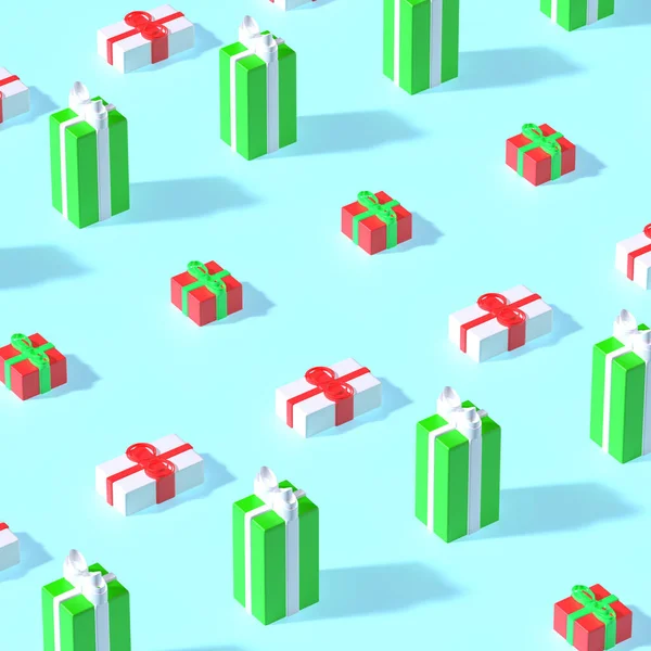 3d render. Pattern of different Xmas gift boxes on blue pastel background with shadow. Winter holidays concept.