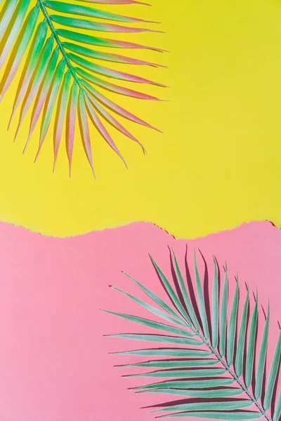 Laid out tropical palm leaves branches over pink and yellow torn paper background. Summer theme concept. Flat lay, top view.