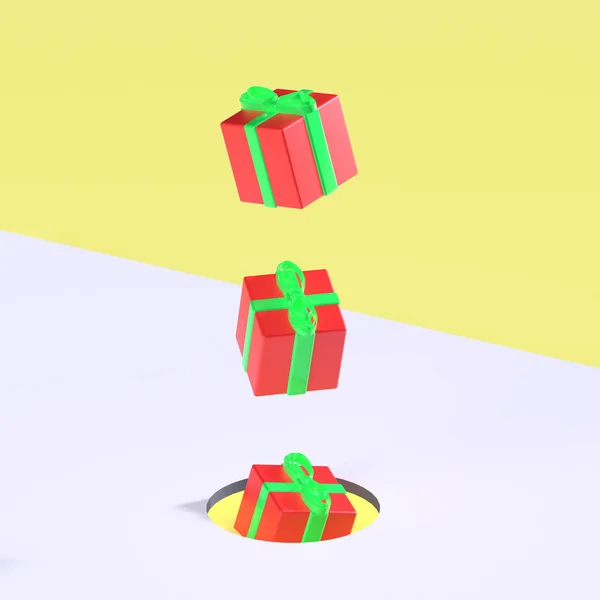 3d render. Xmas gift boxes flying from hole on white and yellow pastel background. Winter holidays concept.  Surreal art.