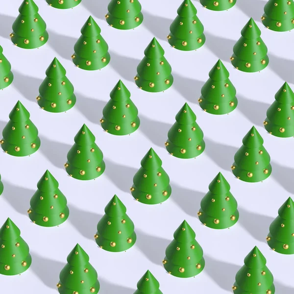 3d render. Pattern of green Xmas trees with golden baubles decoration on white snow. Winter holidays concept.