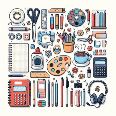 vektör el takımı - ofis malzemeleri ve nesneler çizildi.