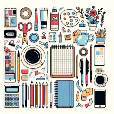 El yapımı ofis malzemeleri. vektör illüstrasyonu.