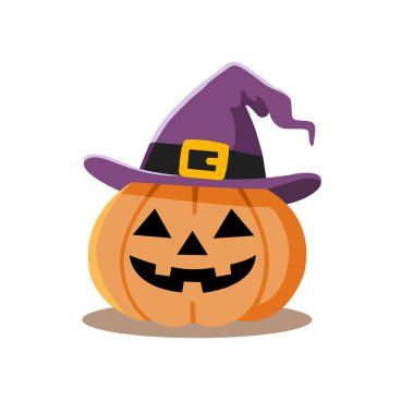 Cadılar Bayramı balkabağı şeklindeki cadı şapkası takan balkabağının vektör çizimi. Tatil için mükemmel - ürkütücü - ve şenlikli tasarım temaları.