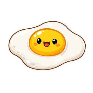Sevimli gülümseyen yumurta sarısı yüzlü, parlak gözlü ve pembe yanaklı yumurta temsili. Yemek, karikatür, oyuncu ve tasarım temaları için mükemmel..