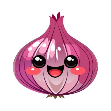 Şirin gülümseyen yüzlü, parlak gözlü ve pembe yanaklı soğanın vektör çizimi. Yemek, karikatür, oyuncu ve tasarım temaları için mükemmel..