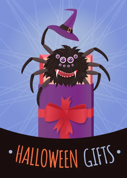 Başlık sayfası veya poster Cadılar Bayramı için. Vektör çizim korkunç örümcek bir hediye kutusu.