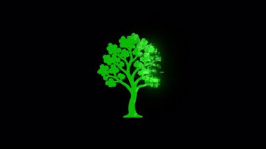 Green tree emerging, transforming from digital particles, gradually dissolving on dark isolated background, representing dynamic environmental growth cycle