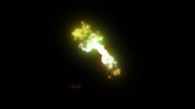 Laos geographical map dynamically transforming with glowing light particles against dark background, revealing national contours and geographical details