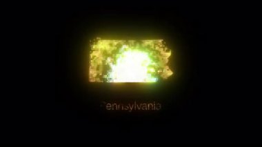 Digital animation showcasing pennsylvania state map transforming with glowing light effects against minimalist black background, revealing geographical contours and political boundaries