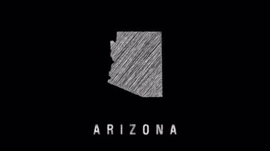 Animated scribble drawing gradually revealing detailed outline of arizona state map against stark black background, showcasing geographical contours and state shape