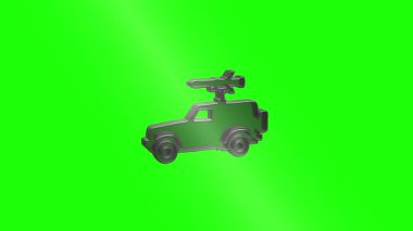 Metallic military vehicle with missile launcher rotating smoothly, showcasing advanced defense technology against uniform green screen background