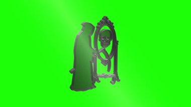 Metallic grim reaper looking at his reflection, a skull, in a vintage mirror rotating on a green screen background