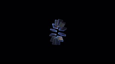 Glass plates dynamically rotating, morphing into fluid geometric patterns against deep black background, generating mesmerizing visual design element with digital transformation