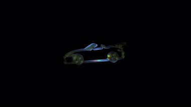 Lüks spor araba, dağınık bileşenlerden holografik olarak bir araya gelerek, teknolojik hassasiyetle karanlık arka plana karşı parlak bir tasarım sergiliyor.