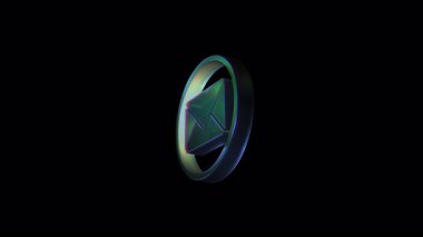 Uzayda dönen dinamik 3d e-posta sembolü, siyah bir arkaplan karşısında parlak fütüristik tasarım, dijital iletişim temaları ve teknik sunumlar için ideal