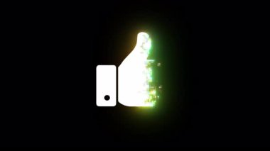 Siyah arkaplanda izole edilmiş, pikselleştirilmiş arıza ve renkli parlaklık efektiyle ortaya çıkan ve kaybolan bir başparmağın canlandırması