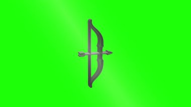 Metalik okçuluk silahı yeşil ekrana karşı dönüyor, gümüş yay ve oku pürüzsüz hareket grafik döngüsünde gösteriyor