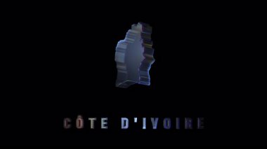 Şeffaf cam divoire haritası düz siyah arkaplan üzerinde pürüzsüzce dönüyor, zarif dijital hassasiyetle coğrafi hatları ortaya çıkarıyor