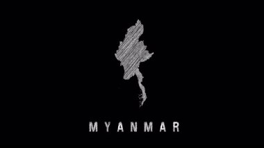 Ülke adıyla ortaya çıkan karalanmış myanmar haritası, ulusal kartografik gösterimi vurgularken, koyu arkaplana karşı coğrafi siluet sunuyor