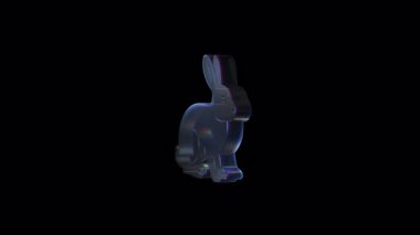 Renkli cam tavşan heykeli dönüyor, koyu renk stüdyo arkaplanına karşı yanardöner renkler, şeffaf bir tasarım ortaya çıkarıyor.