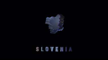 Slovenia haritasının holografik yansıması, parlak, fütüristik dijital görüntüleme ile koyu siyah arkaplan karşı ayrıntılı coğrafi hatları ortaya çıkarıyor