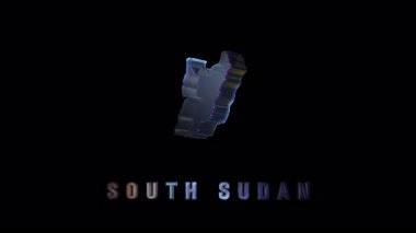 Güney Sudan 'ın cam haritası arızalı dijital bozulma ile dönüyor, holografik ışık yansıması ile parlak siyah arkaplan karşı ulusal sınırları ortaya çıkarıyor