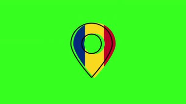 GPS navigasyon işaretçisinin içinde sallanan Romanya ulusal bayrağı, krom anahtar yeşil ekran arka planına sahip konum işaretçisini gösteriyor