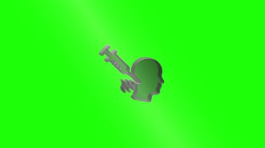 Metalik şırınga, yeşil ekran karşısında insan kafasına enjeksiyon yaparak tıbbi tedavi ve aşı kavramını temsil ediyor.