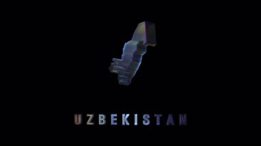 Özbekistan 'ın siyasi haritası, karanlık arkaplan karşısında dijital arıza ile dönüyor, coğrafi hatları ve ulusal bölgeyi vurguluyor