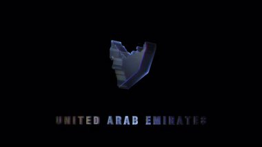 Cam Birleştirilmiş Arap Emirlikleri haritası zarif bir şekilde dönüyor, parlak siyah arkaplanı şeffaf renkle kaplayan ülkelerin şekillerini ortaya çıkarıyor